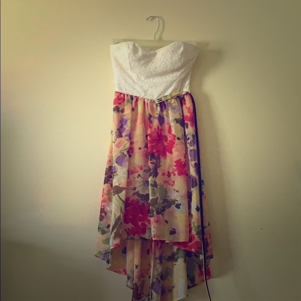 Floral strapless hi-low dress